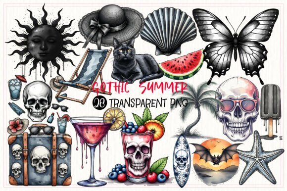 Gothic Summer Clipart: Dark Aesthetic Design Assets